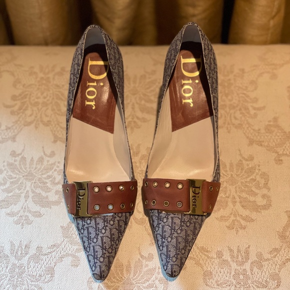 Christian Dior Navy Jacquard Canvas/Leather Logo Pump - Picture 2 of 10